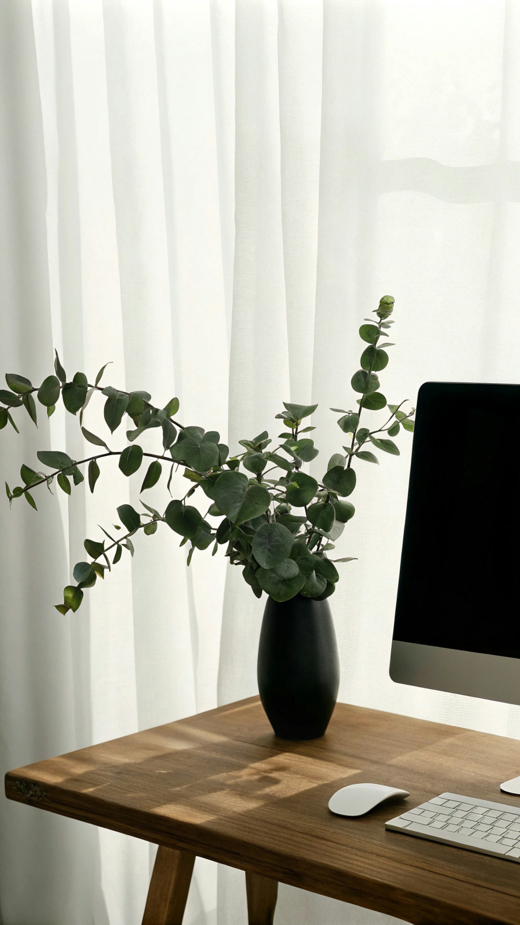 やわらかな光が差す窓辺の、植物とパソコンのあるデスク。制作室のイメージ写真